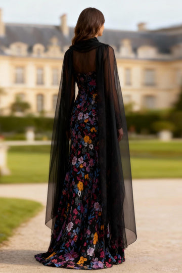 Long Sleeve Halter Mermiad Black Floral Prom Dress with Cape